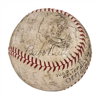 1943 "Yanklands vs. Cloudbusters" War Bond Fundraiser Game Used and Multi-Signed Baseball (30 Signatures) - Including Babe Ruth, Ted Williams and Mickey Mantle (JSA and Mears)